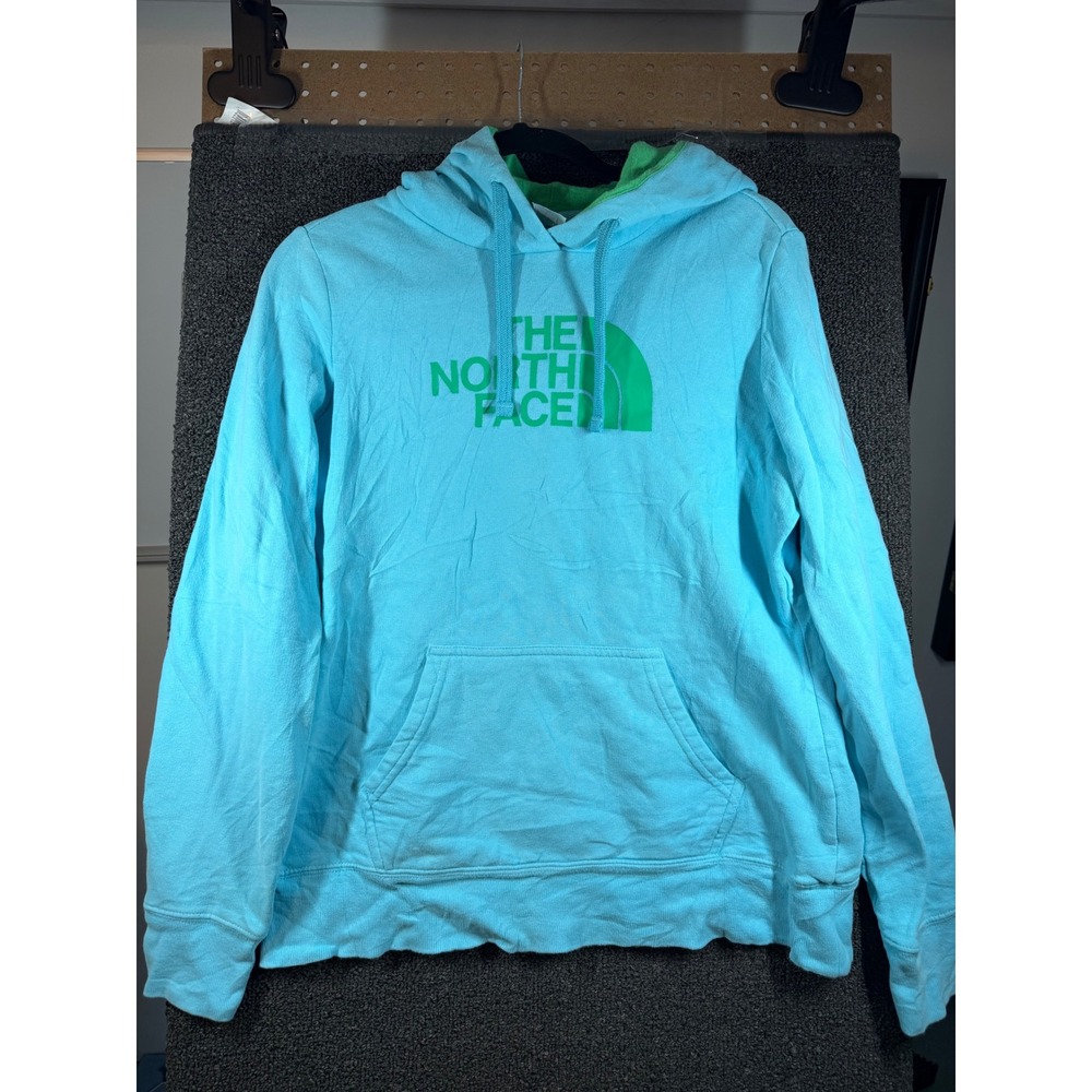 The North Face Hoodie Womens Medium Blue Green Logo Pullover Sweatshirt